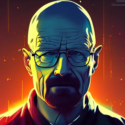 Image similar to high quality illustration, walter white realistic portrait, cyberpunk colors, vaporwave, retro, neotrad, lois van baarle, moebius, league of legend, arcane style