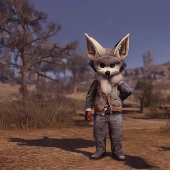 Image similar to a blue fennec fox furry in a fursuit in red dead redemption 1