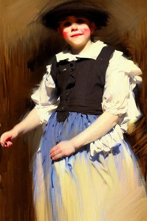 Image similar to impressionist brushstrokes!!!! solomon joseph solomon and richard schmid and jeremy lipking victorian loose genre loose painting full length portrait painting of a cute minion