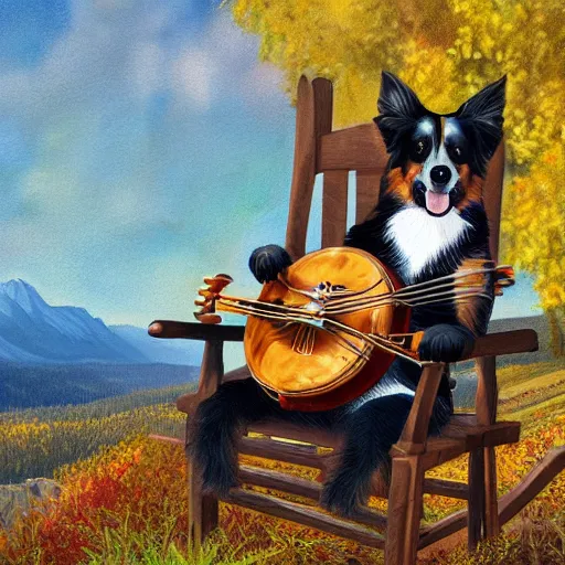 Prompt: Australian Shepard sitting on a rocking chair playing the banjo in the colorado mountains in fall with changing leaves all around ,artstation