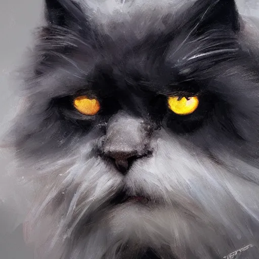 Prompt: closeup portrait of black persian cat staring contemptuously at people, painted by greg rutkowski, painted by igor kieryluk, trending on artstation