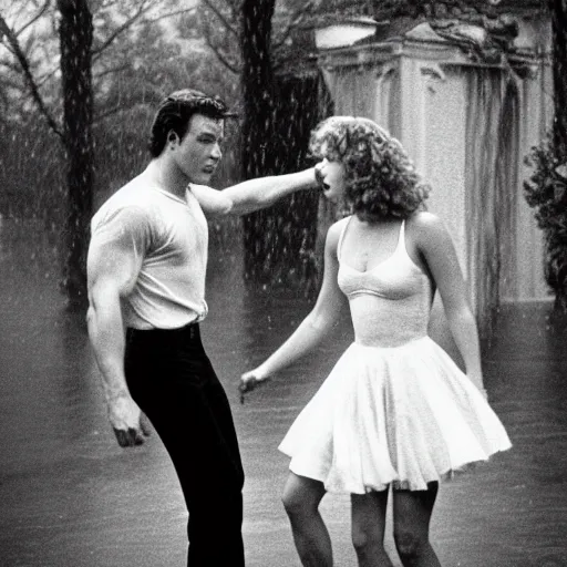 Image similar to dirty dancing poster with young arnold schwarzenegger dancing with jennifer lawrence in the rain, beautiful white wet dress, 5 0 mm cinema shot, beautiful light, best lense, 9 0 s romantic movie, 4 k