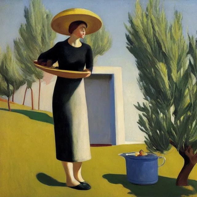 Image similar to a lady dressed in black standing with a very large frying pan in her hand, surrounded by olive trees, front view edward hopper