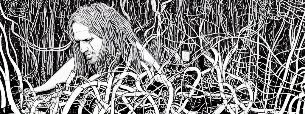 Image similar to a grunge technogaianist long-haired blonde digital musician playing modular synthesizer in the forest, technology and nature swirling in harmony, plugging vines into the synthesizer, trees swaying to the beat, postmodern surrealist concert poster, grainy poster art, hand drawn matte painting by Tara McPherson and Gary Houston, smooth, sharp focus, extremely detailed, 85mm.