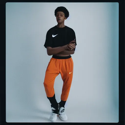 Image similar to realistic photoshoot for a new nike lookbook, color film photography, portrait of a beautiful person, in style of Tyler Mitchell, 35mm, graflex