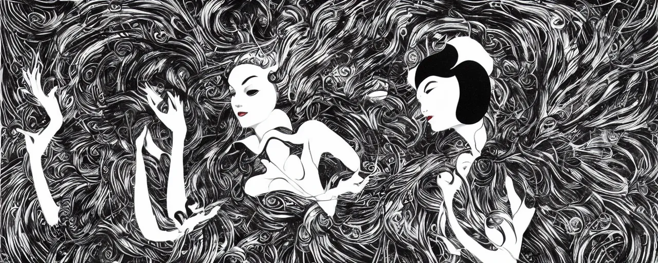 Image similar to musical goddess performing in Misono Universe, surrealist psychedelic collage painting in the style of Magritte, artgerm, Yoshio Awazu, 3d render, artstation trending, black and white, detailed penwork