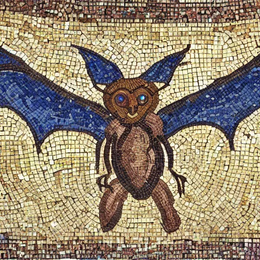 Image similar to medium shot Mosaic depicting a cute realistic adorable vampire bat big eyes, realistic wings, looking left, round blue background, from Italica, AD 176-275. Archaeological Museum, Seville. Byzantine mosaics, highly detailed, HQ, HD, beautiful, National Geographic,