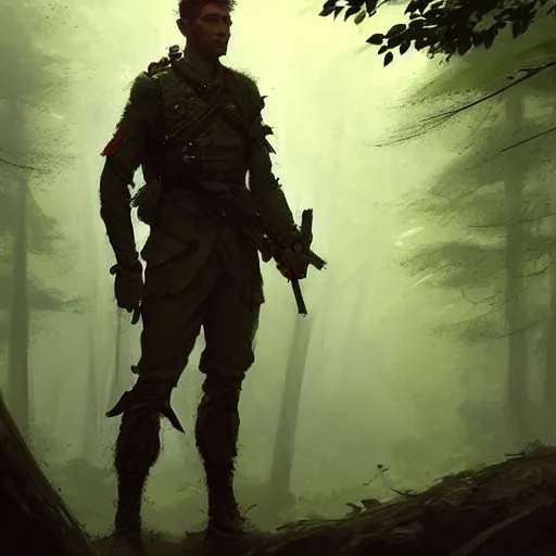 Image similar to male soldier in the forest, by Greg Rutkowski!!!, D&D, fantasy, intricate, elegant, highly detailed, digital painting, artstation, concept art, matte, sharp focus, illustration