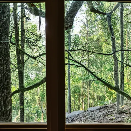 Image similar to view of the forest through a window in a tree house