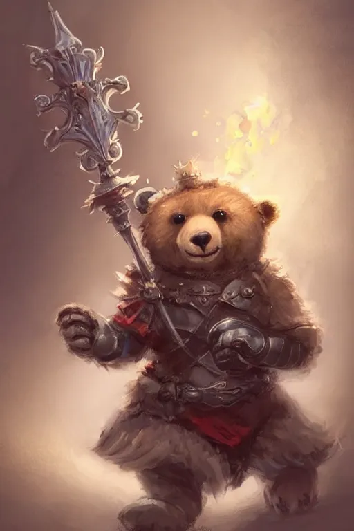 Image similar to cute little anthropomorphic bear knight wearing a cape and a crown, tiny, small, miniature bear, baby animal, short, pale blue armor, cute and adorable, pretty, beautiful, DnD character art portrait, matte fantasy painting, DeviantArt Artstation, by Jason Felix by Steve Argyle by Tyler Jacobson by Peter Mohrbacher, cinematic lighting