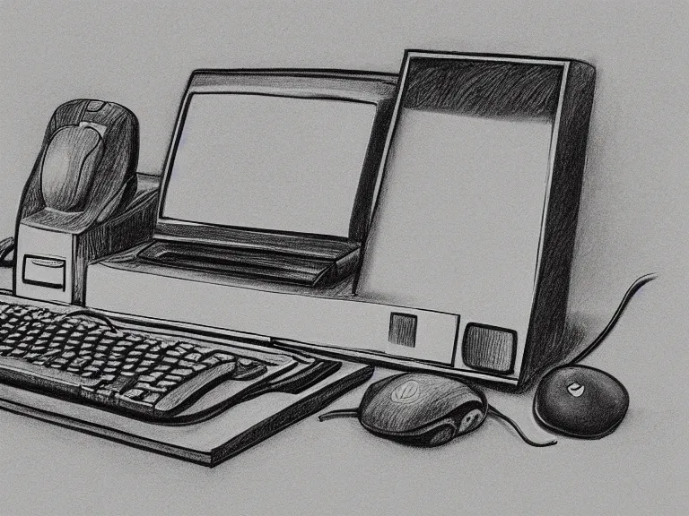 Image similar to a pencil drawing of a vintage computer, keyboard, and mouse. by pen tacular