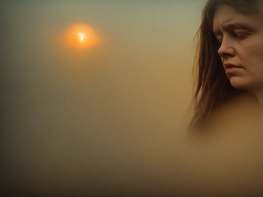 Image similar to close up portrait bust of woman, tired expression, faded color film, russian cinema, tarkovsky, technicolor, heavy forest, wood cabin in distance, shallow depth of field, long brown hair, old clothing, heavy fog, atmospheric haze, brown color palette, sunset, low light, hudson river school, 4 k, dramatic lighting