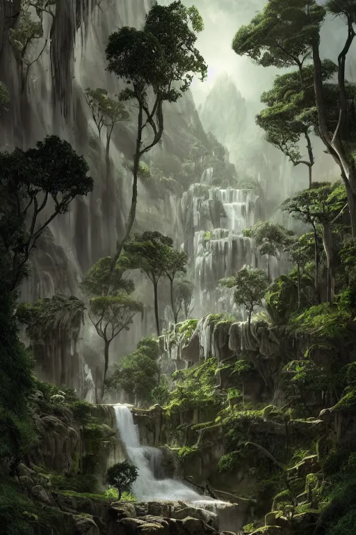 Prompt: carved into the Rock a citadel-temple , gnarly trees, lush vegetation, forrest, a small stream runs beneath the waterfall, landscape, raphael lacoste, eddie mendoza, alex ross, concept art, matte painting, highly detailed, rule of thirds, dynamic lighting, cinematic, detailed, denoised, centerd