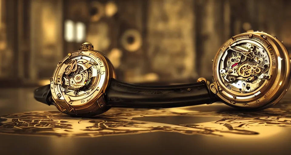 Image similar to complex 3 d render of a futuristic steampunk watch lying on a table, high detail, sharp focus, glowing interior components, intricate detail, depth of field, bokeh, cinematic lighting and composition, octane render, film grain, bovet fleurier