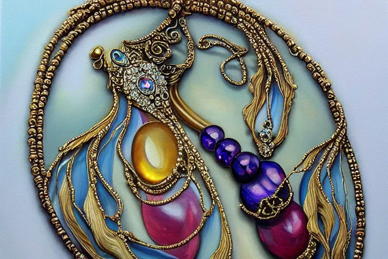 Prompt: highly detailed oil painting, very realistic gemstones, art nouveau, ornate, delicate, brilliant precious gemstones necklace, dramatic light,