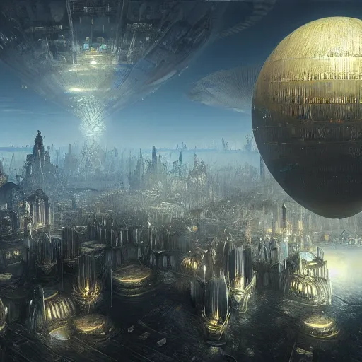 Image similar to enormous flying city in a faberge egg, sky, steampunk, fantasy art, masterpiece, hugh ferriss, unreal engine, peder balke