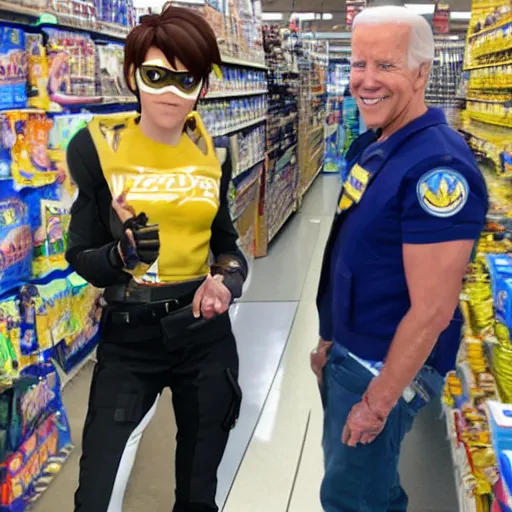 Image similar to Tracer from overwatch and joe biden in a walmart