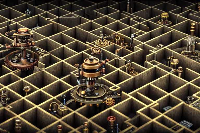 Image similar to steampunk robots in a maze by otto dix, tilt shift, ultra realistic, unreal engine, trending on artstation, 4 k