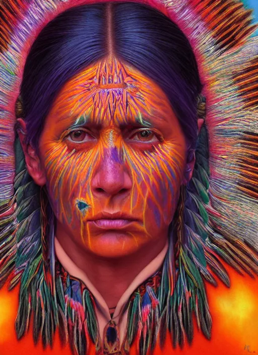 Image similar to portrait ultra dimensional native american woman shaman, accidentally tripping on dmt and acid, psychedelic experience, overwhelming psychosis of self realization and burning awakening, ultra high definition, unreal engine 5, hyperrealism, masterpiece composition, by casey weldon, barclay shaw