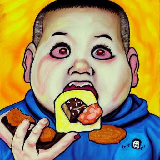 Image similar to painting of a chubby boy eating a delicious cholocate chunks cookies, buzz cut, junji ito