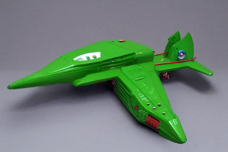 Prompt: Thunderbird 2 green spacecraft, side view, in the style of Supermarionation