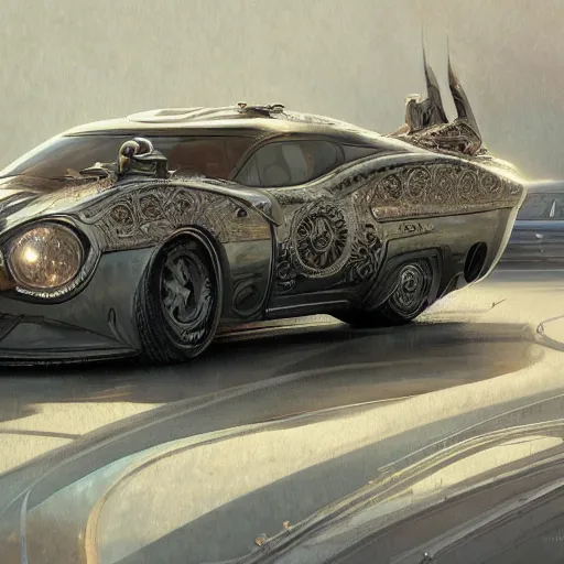Image similar to full view of a car, intricate, elegant, highly detailed, digital painting, concept art, smooth, sharp focus, art style from Wang Ke and Greg Rutkowski and Bruce Kaiser and Scott Robertson and Dmitry Mazurkevich and Doruk Erdem and Jon Sibal, small style cue from blade runner