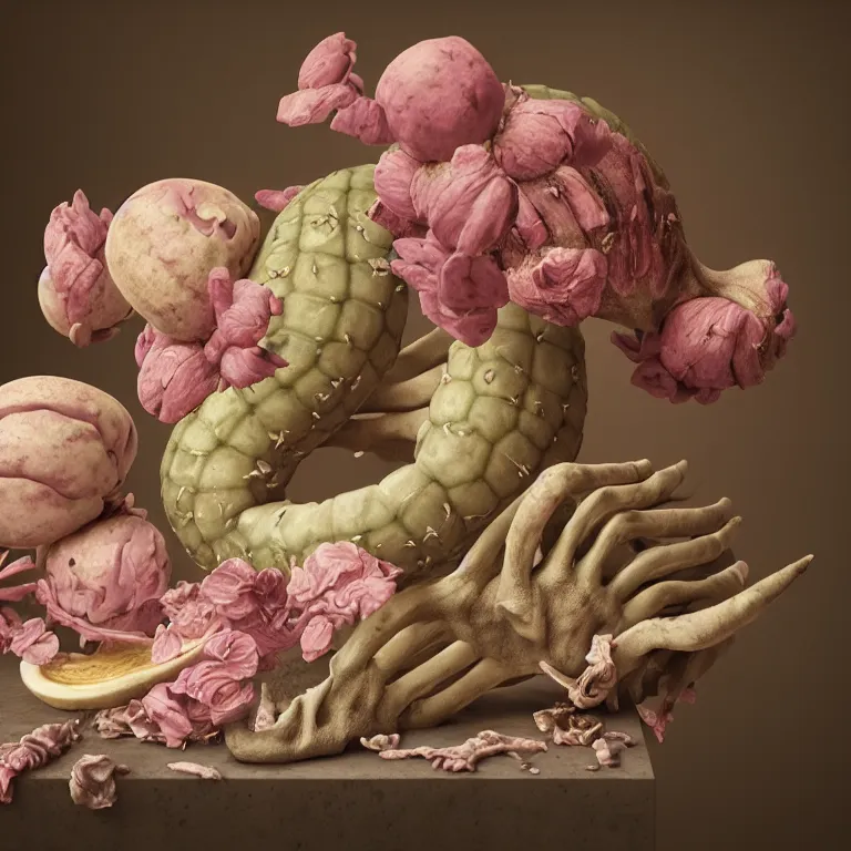 Image similar to still life of rotten flesh, beautiful pastel flowers, human spine, tropical fruit baroque painting, beautiful detailed intricate insanely detailed octane render, 8K artistic photography, photorealistic