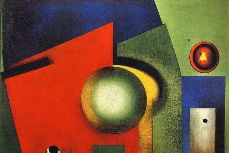 Image similar to born under a bad sign, watches, radios, good luck and trouble are my only friends, colors white!!!!!!!, orange, dark green, dark blue!! abstract oil painting, by max ernst