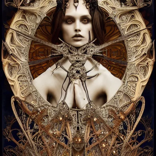 Prompt: a female model by stefan geselle and nekro borja, illustration, biomechanical, intricate details, hyper realistic, ornate headpiece, dark beauty, photorealistic, by alphonse mucha, canon r 3, photography, wide shot, photography, dark beauty, symmetrical features