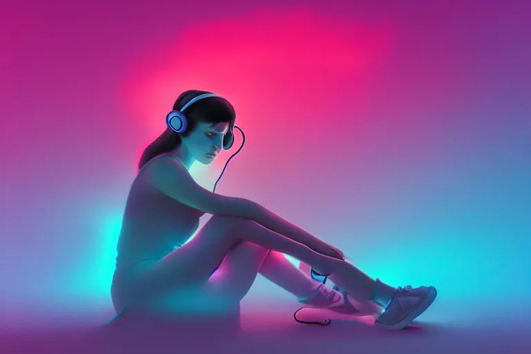 Image similar to a cute girl wearing headphones sitting on a cloud relaxing, misty, glows, digital art, hazy, foggy, ambient lighting, 8 k, neon, synthwave,