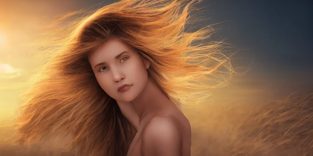 Prompt: a beautiful young woman, lightly dressed, in wind at sunset, high detail, 4 k, concept art, photorealistic