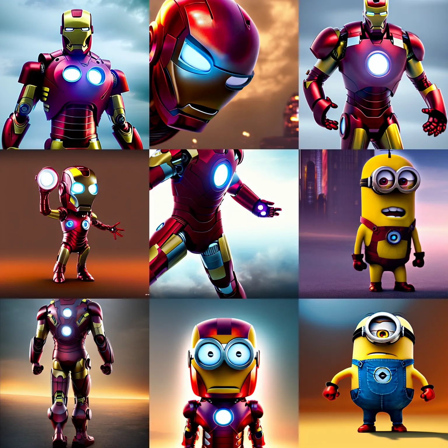 Prompt: minion iron man, full body, uhd, hyperrealistic render, pixar, 4 k, cyberpunk, cgsociety