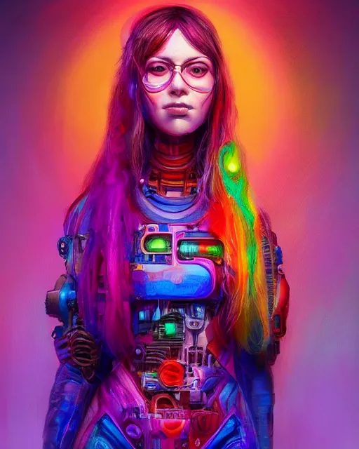 Image similar to colorful portrait of a female hippie with cybernetics, but set in the future 2 1 5 0 | highly detailed | very intricate | symmetrical | professional model | cinematic lighting | award - winning | painted by mandy jurgens | pan futurism, dystopian, bold psychedelic colors, cyberpunk, anime aesthestic | featured on artstation