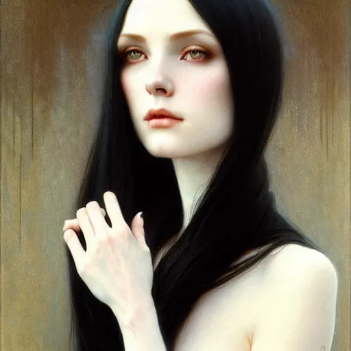 Image similar to Portrait of a beautiful, pale skin, female with long black hair, dark, piercing eyes, elegant clothing, photorealistic, highly detailed, artstation, smooth, sharp focus, art by Klimt, artgerm, Greg Rutkowski and Alphonse Mucha