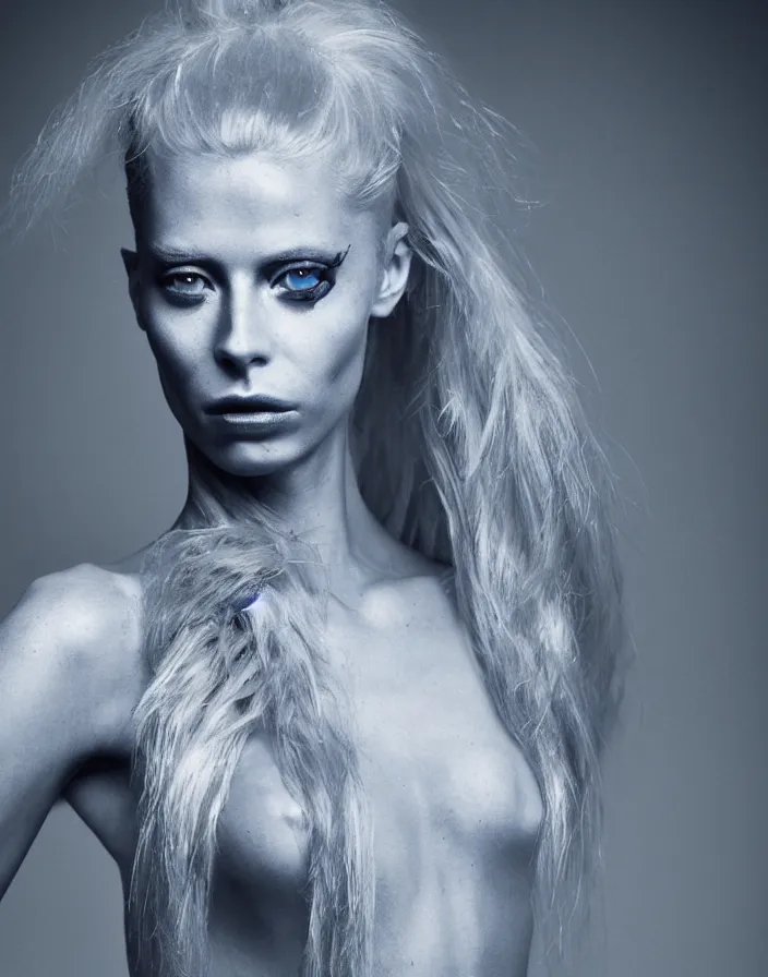 Prompt: a beautiful 8 5 mm f 1. 8 commercial photography portrait of a blue young woman that looks like a combination of doutzen kroes and yolandi visser in an urbex setting, photography by erwin olaf