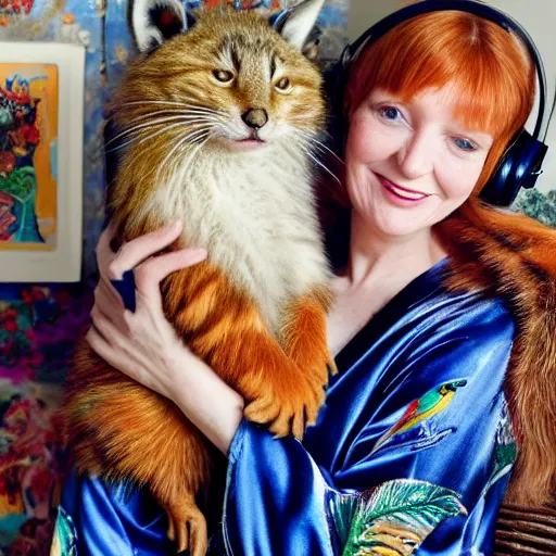 Prompt: a stunning hyper-detailed photorealistic painting of only one slender beautiful smiling woman with long ginger hair and bangs, wearing a luxurious silk robe, wearing headphones and posing with her large ginger tabby cat and her raccoon and parrots in an overstuffed easy chair in her sunlit victorian living room, holding a porcelain parrot-shaped coffee mug and a donut, perfect eyes, fashion photography, cinematic lighting, octane render, IBEX Masters, unreal engine, 85 mm lens, paisley wallpaper