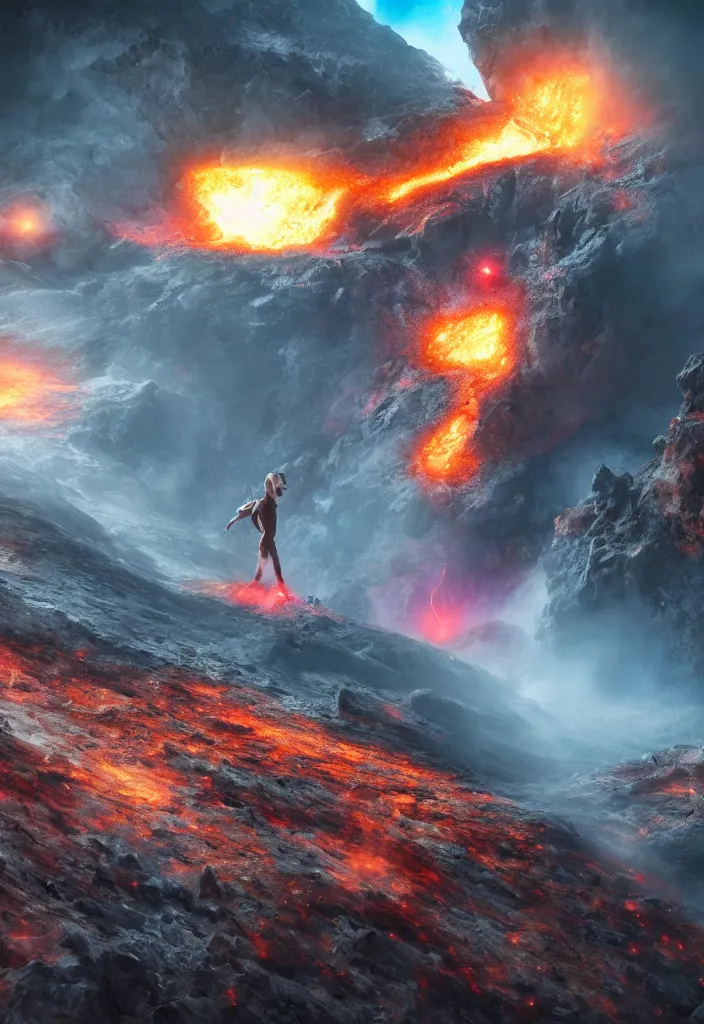 Prompt: being ejected from an active volcano. matte painting comic book art, cinematic, highly detailed, realistic, beautiful cosmic neural network, octane render, unreal engine, depth of field, trending on artstation, sharp focus, philosophical splashes of colors