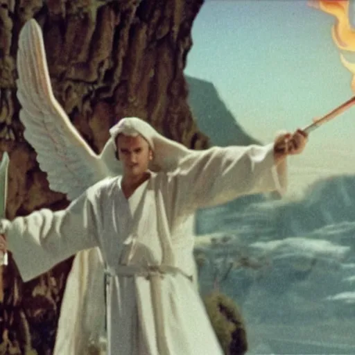 Image similar to cinematic still of divine angelic man with white ancient Canaanite robes holding a flaming sword, paradise in the background