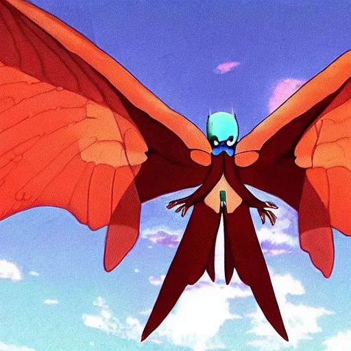 Image similar to 4K photo of mothman with giant wings , flawless anime cel animation by Manabu Oshashi and Satoshi Kon, professionally post-processed , beautiful, scary, symmetry accurate features, epic, octane rendered, anime masterpiece, accurate