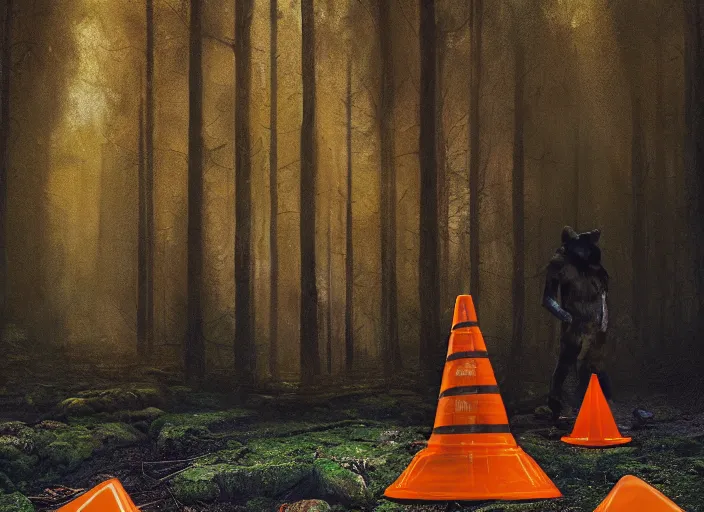 Prompt: a few orange safety cones in a beautiful strange forest and a black hairy fuzzy bear man beast hybrid stands in the center distance, cinematic painting by james jean, atomspheric lighting, moody lighting, dappled light, detailed, digital art, limited color palette, wes anderson, 2 4 mm lens, surreal