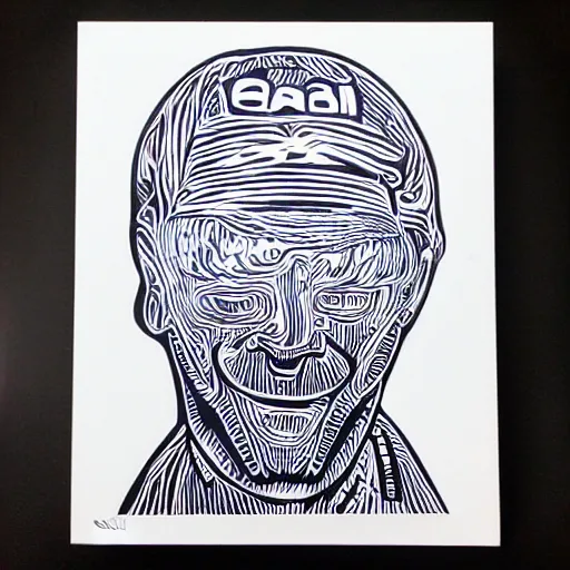 Prompt: psychodelic linocut of an Akai MPC-60