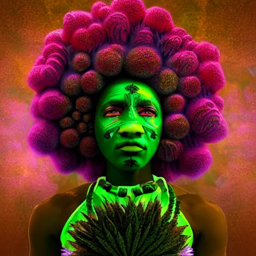 Image similar to an african marijuanna! shaman with an afro made of flowers, third eye art art by machina infinitum, complexity from simplicity, rendered in octane, mandelbulb 3 d, ambient occlusion, radiant lighting, macro photography, felt!!! texture, tribal, pastel! retrowave