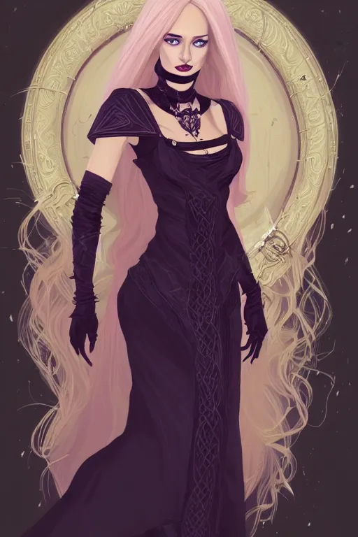 Image similar to portrait of a gorgeous female sorceress, looking at camera, D&D, choker on neck, stylish dark dress, arcane symbols, very long flowing blond hair, intricate, elegant, stylish, cute slightly nerdy smile, mouth slightly open, fantasy, extremely detailed, digital painting, artstation, concept art, smooth, sharp focus, illustration, stunning lighting, art by artgerm and greg rutkowski and alphonse mucha and simon stalenhag