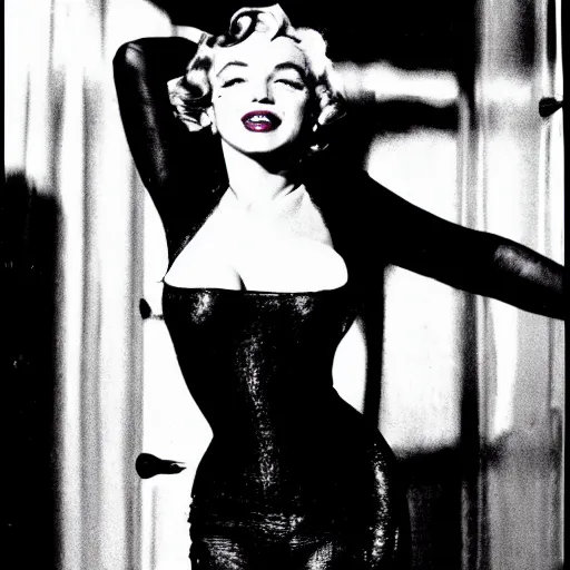 Image similar to black and white cinematic shot of Marilyn Monroe as Catwoman