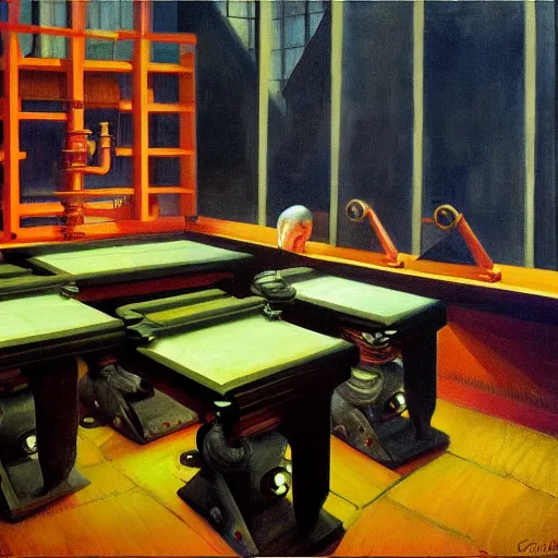 Image similar to engine room, turbines, plasma globes, robot repairmen, reactor core, grant wood, pj crook, edward hopper, oil on canvas