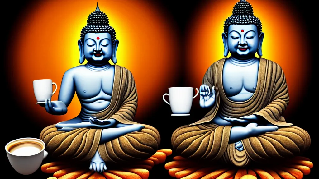 Image similar to a hyperdetailed painting of a happy buddha sitting on a lotus in deep meditation, one hand holding a comically large cup of coffee, ambient occlusion, 3 d model, quantum fractals, magic realism, trending on artstation,