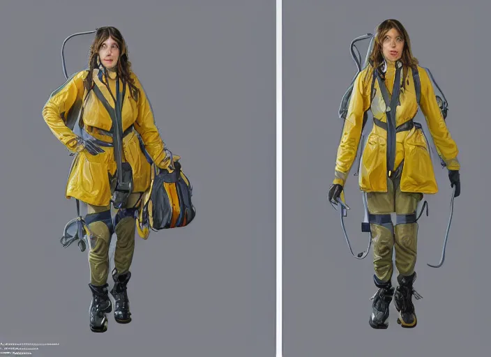 Prompt: front and back character view of a woman in scientist's jacket with a system of straps and pouches for collecting material by Donato Giancola, Trending on artstation and pixiv clean concept art and sheet