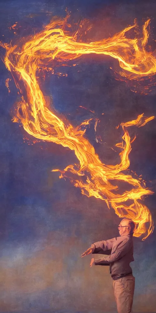 Prompt: a surreal painting of a man made of golden fire, volumetric lighting