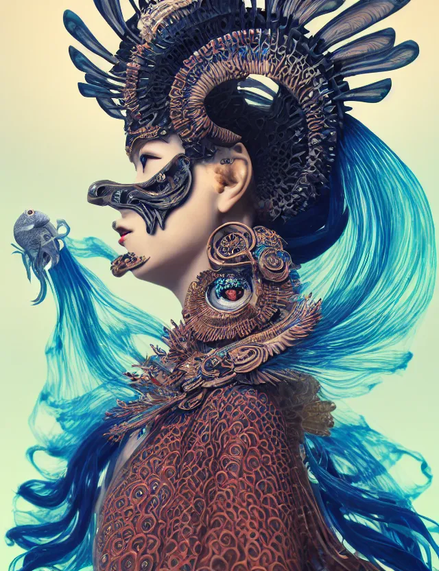 Image similar to 3 d goddess in robe close - up profile portrait with ram skull. beautiful intricately detailed japanese crow kitsune mask and clasical japanese kimono. betta fish, jellyfish phoenix, bio luminescent, plasma, ice, water, wind, creature, artwork by tooth wu and wlop and beeple and greg rutkowski