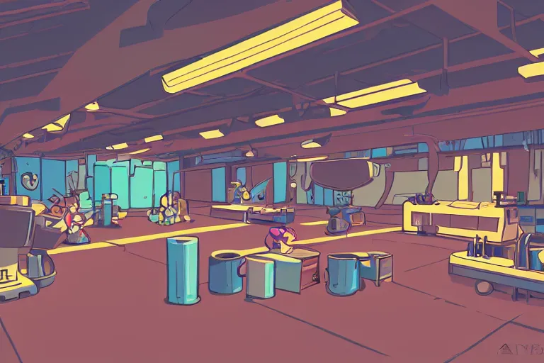 Prompt: factory interior in steven universe video game art style, thick outlines, color vector art, artstation, illustration, 4 5 degree camera angle